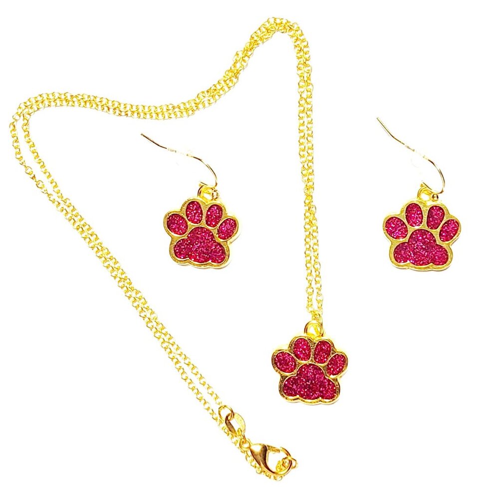 Hot Pink Paw Sparkly Gold Plated Earrings & Necklace Set NWT